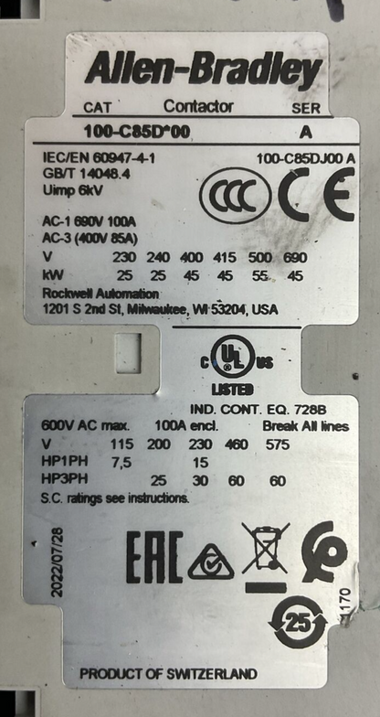 ALLEN BRADLEY STARTER (100-C85D*00 SER A CONTACTOR + 193-1EFGE RELAY + 100S)