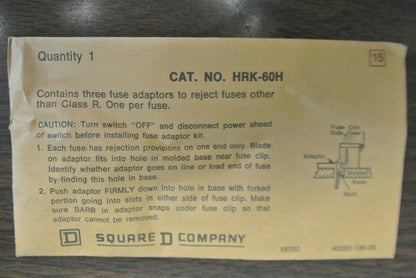 SQUARE D HRK-60H / CLASS "R" FUSE ADAPTERS / NEW SURPLUS