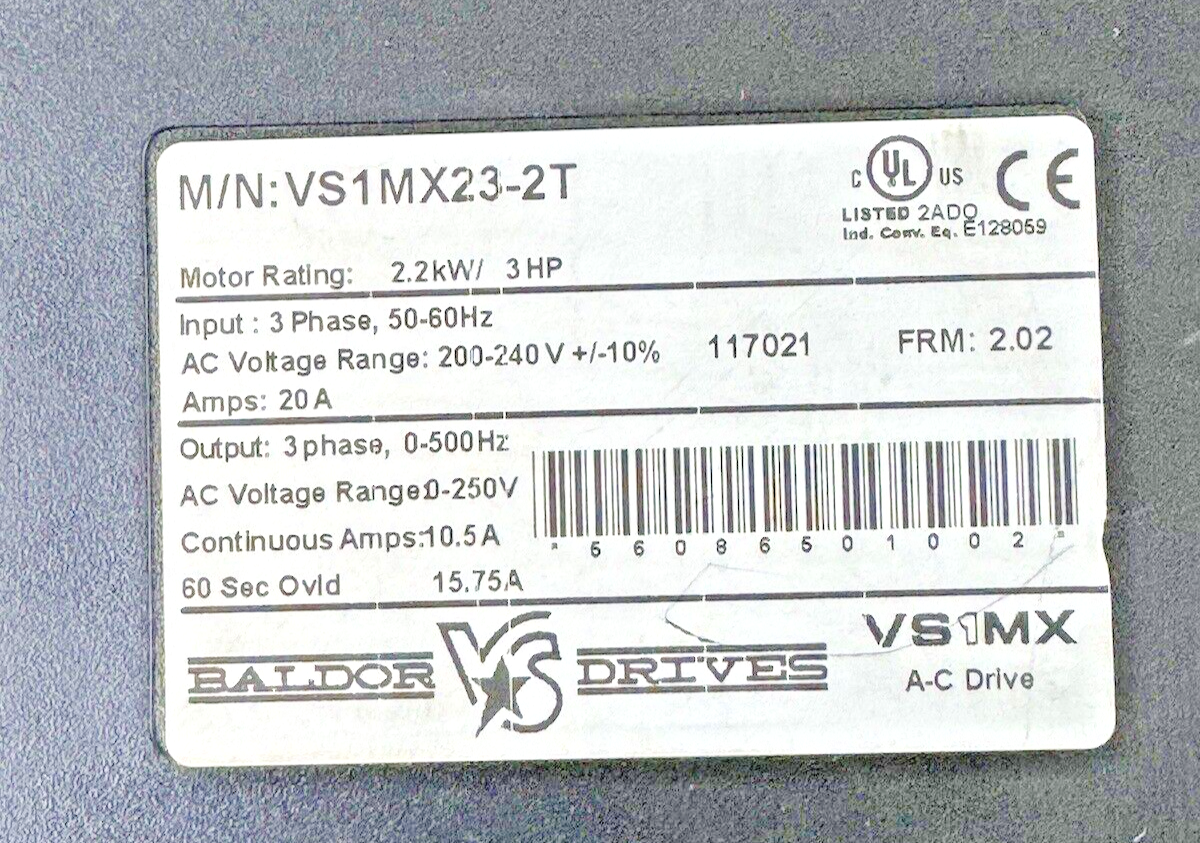 BALDOR - VS1MX23-2T FRM: 2.02 - A-C DRIVE - 2.2kW/3 HP/3 PH/50-60Hz/240VAC/20A