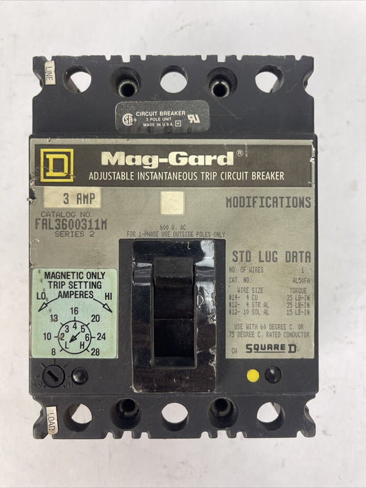 SQUARE D FAL3600311M ADJ. INST. TRIP CIRCUIT BREAKER 3AMP 600VAC 3P SER 2 8-28A