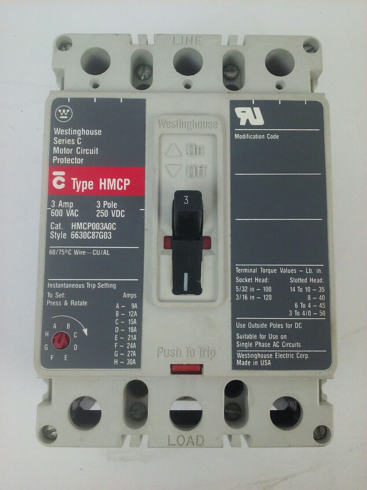WESTINGHOUSE HMCP003A0C SER.C MOTOR CIRCUIT PROTECTOR TRIP UNIT 3A 3P 600V