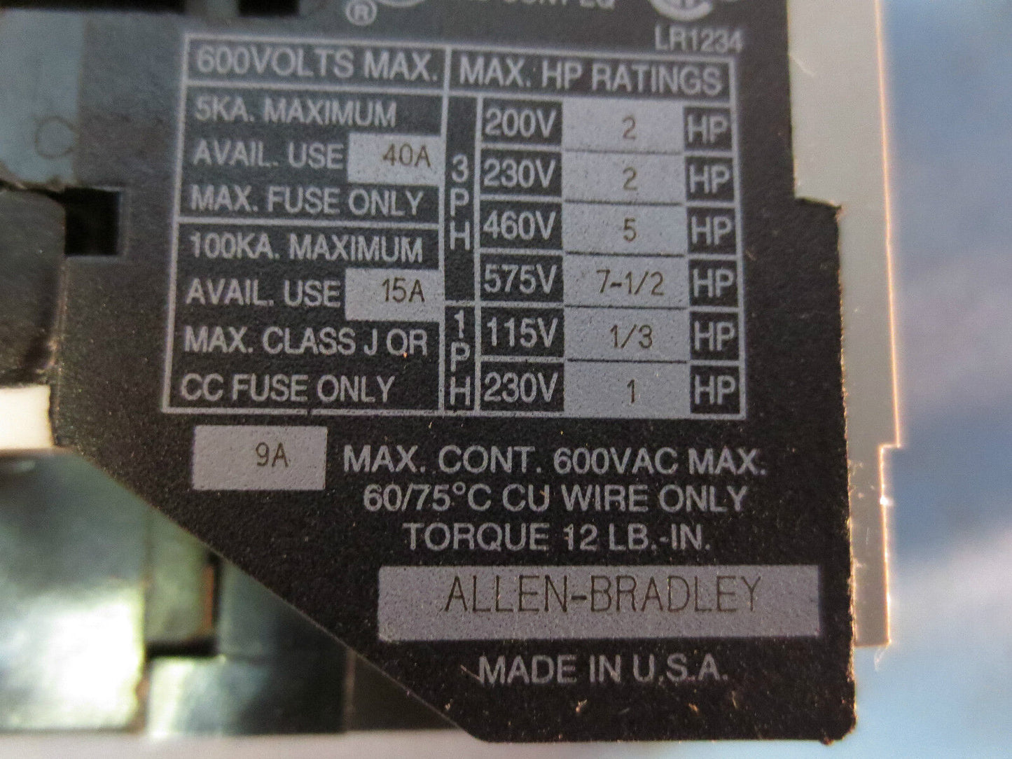 ALLEN-BRADLEY 100-A09ND3, Ser. B CONTACTOR / RELAY