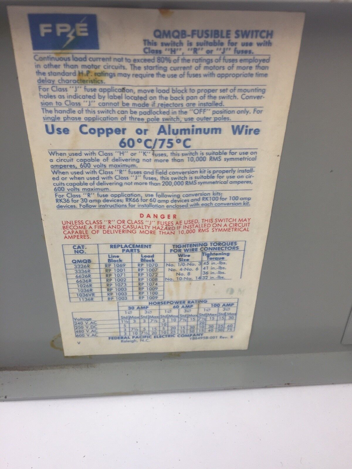 FPE QMQB3336R FUSIBLE TWIN PANELBOARD SWITCH 600VAC 30A 3 POLE