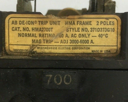 WESTINGHOUSE HMA2700T AB DE-ION TRIP UNIT 2POLE 700AMP 371D373G10