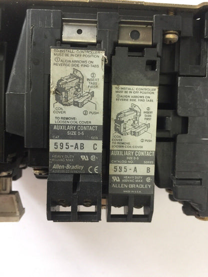 ALLEN BRADLEY 509-B0D SIZE 1 STARTER 600VAC 27AMP 10HP W47 HEATERS 120V COIL