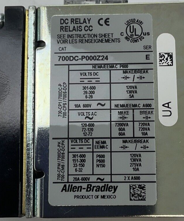 ALLEN BRADLEY 700DC-P000Z24  24VDC CONROL RELAY SER.E 20A 600VAC