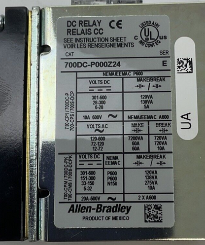 ALLEN BRADLEY 700DC-P000Z24  24VDC CONROL RELAY SER.E 20A 600VAC