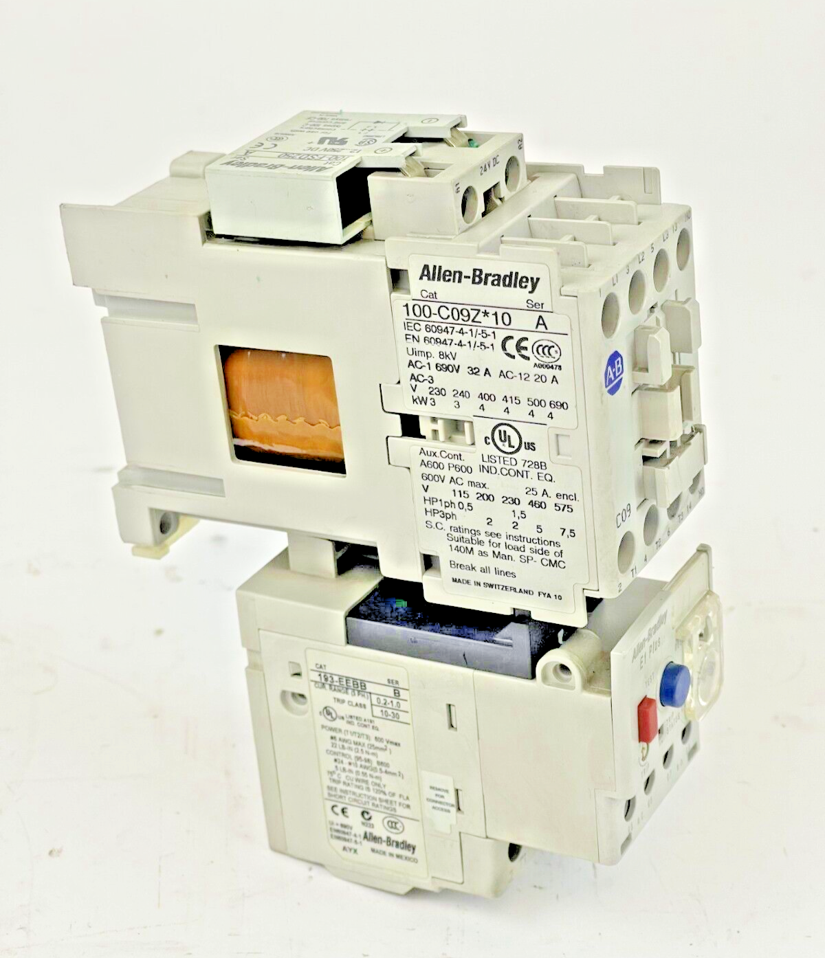 ALLEN BRADLEY - 193-EEBB SER. B RELAY & 100-C09Z*10 SER. A 25VDC & 100-FSD250 A