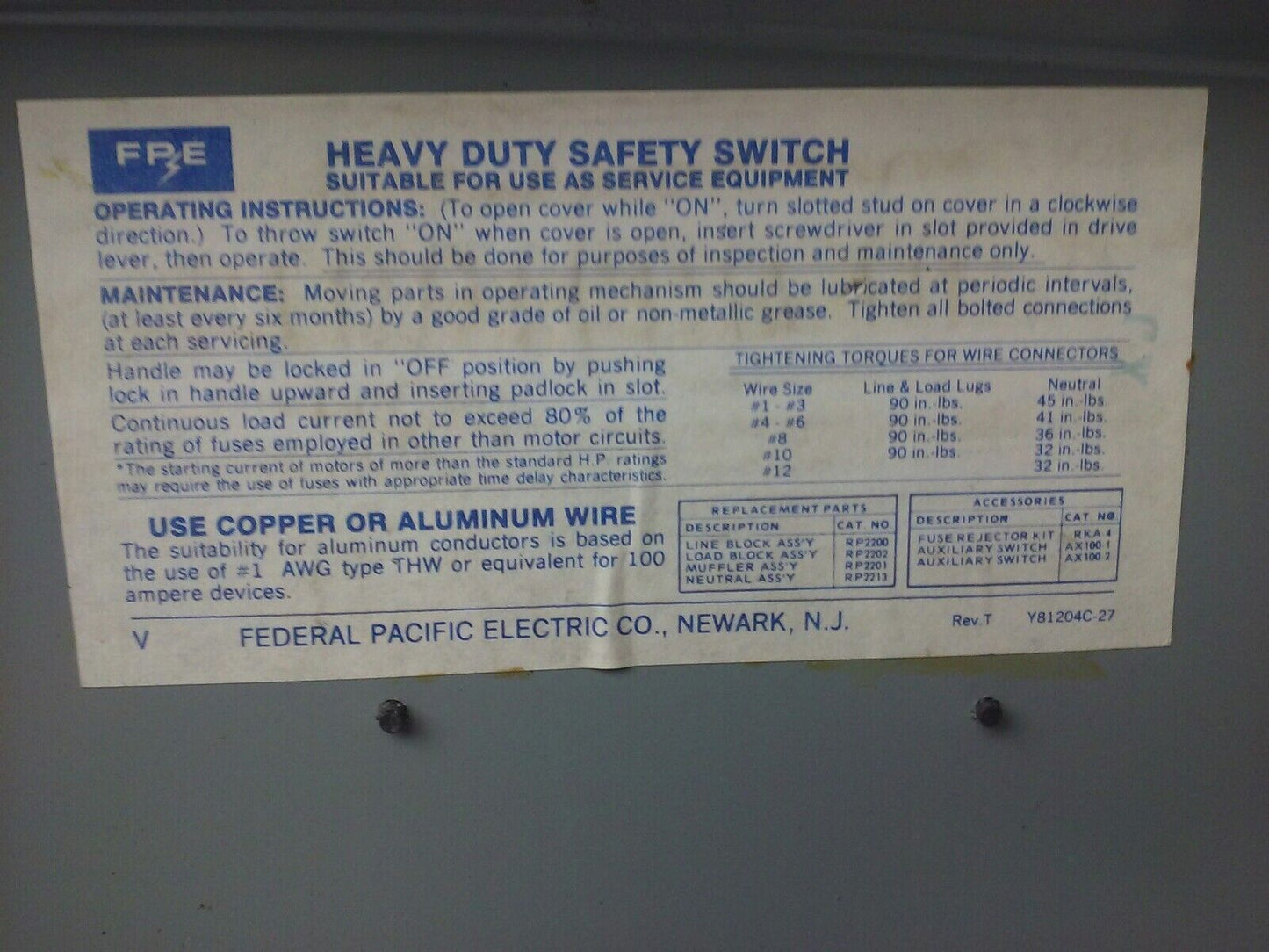 FPE 1132R FUSIBLE HEAVY DUTY SAFETY SWITCH 3P, 100A, 240VAC, 4 WIRE, 30HP