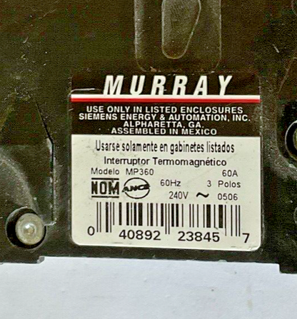 MURRAY MP360 CIRCUIT BREAKER 240VAC 60A 3POLE 60HZ TYPE MP-T