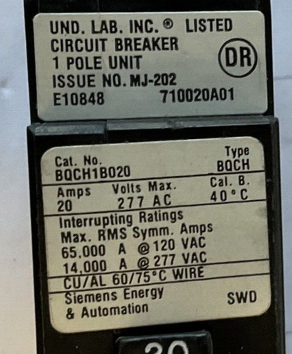 SIEMENS BQCH1B020 CIRCUIT BREAKER 20AMP 277VAC TYPE BQCH 1POLE ****LOTOF10****