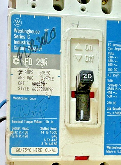 WESTINGHOUSE FDB3020  CIRCUIT BREAKER 3POLE FD 25K SER.C