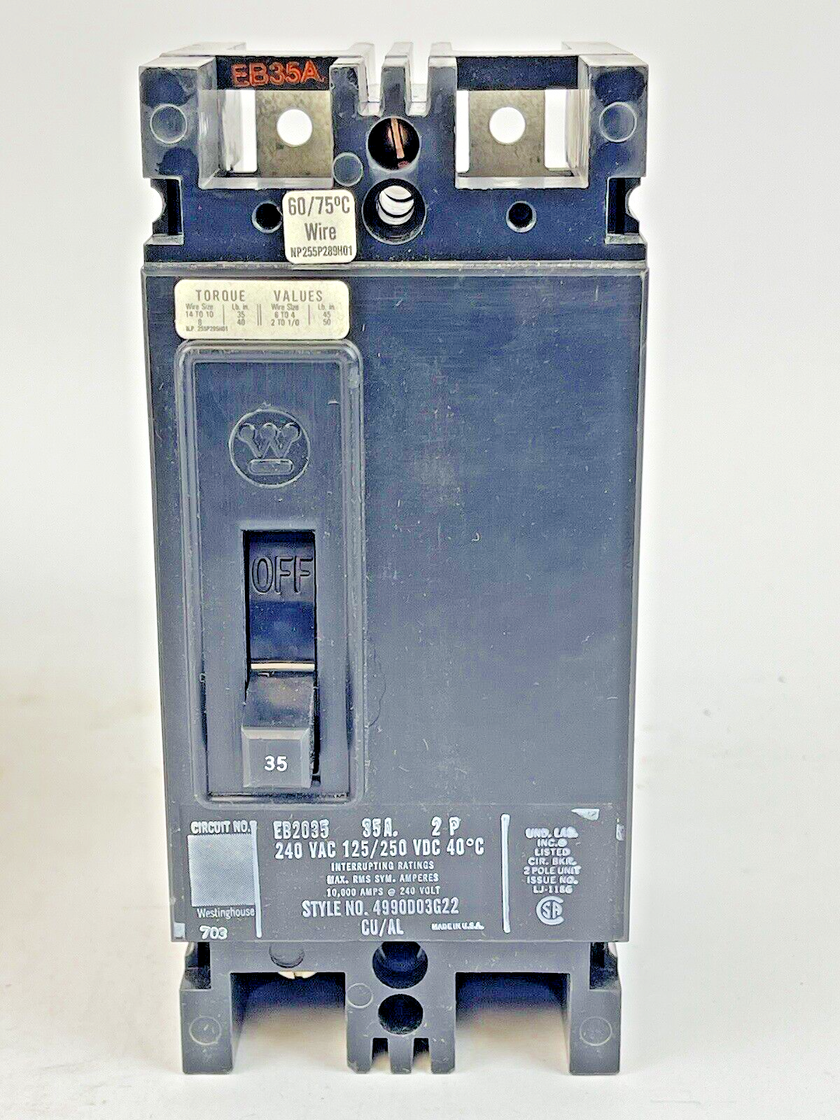WESTINGHOUSE - EB2035 - CIRCUIT BREAKER - 2P, 35A, 40C, 240 VAC 125/250VDC