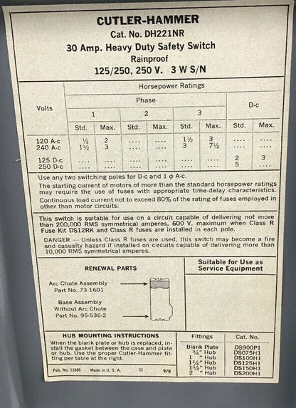 Cutler Hammer DH221NR  Heavy Duty Safety Switch 30A 240V 125/250 RAINPROOF