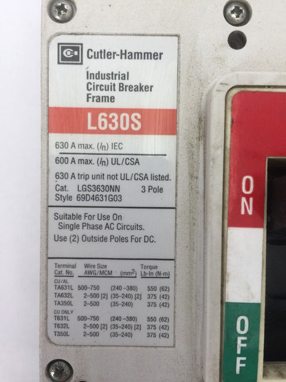 CUTLER HAMMER LGS3630NN INDUSTRIAL CIRCUIT BREAKER 600A 600VAC 250VDC 3POLE