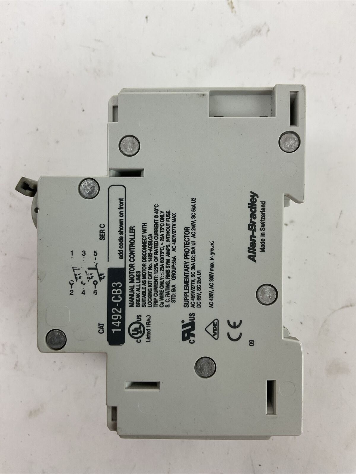 ALLEN BRADLEY 1492-CB3G100 MANUAL MOTOR CONTROLLER 10A 5HP 3PH 480Y/277VAC 3POLE
