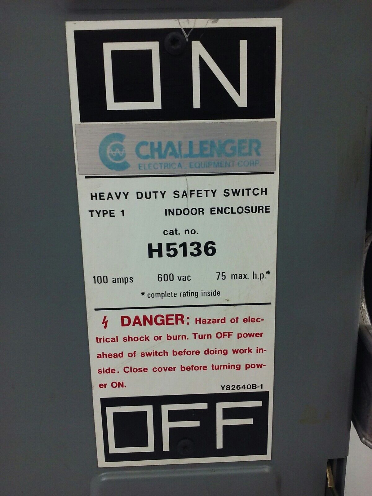 CHALLENGER H5136 SAFETY SWITCH, TYPE 1 INDOOR, 100A, 600V, NON FUSIBLE, NEW
