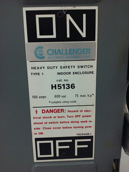 CHALLENGER H5136 SAFETY SWITCH, TYPE 1 INDOOR, 100A, 600V, NON FUSIBLE, NEW