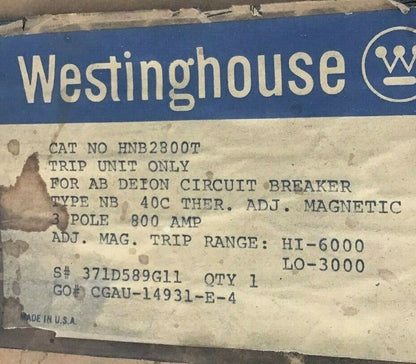 WESTINGHOUSE HNB2800T 3POLE 800A TRIP UNIT ONLY