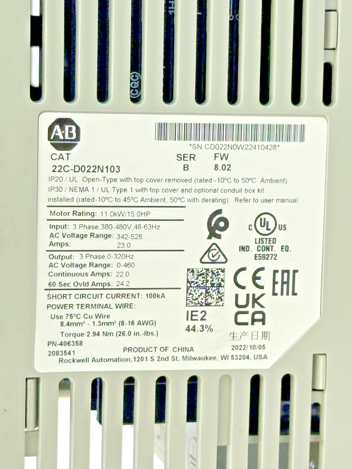 ALLEN-BRADLEY - 22C-D022N103 SER. B FRN 8.02 - POWERFLEX 400 - OUTPUT 0-460VAC
