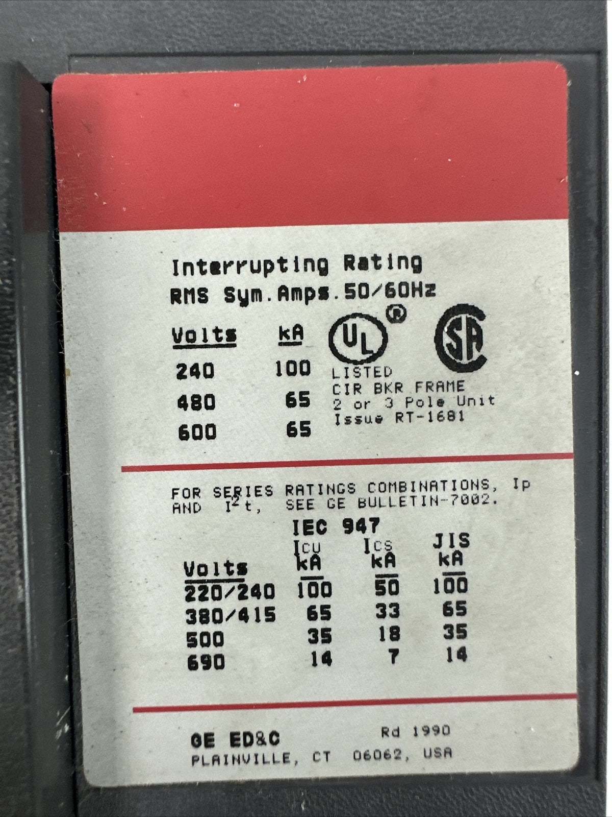 GE SGLB36BA0400 CURRENT LIMITING CIRCUIT BREAKER 400AMP 600VAC TRIP PLUG 250A