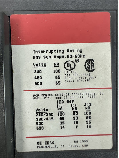 GE SGLB36BA0400 CURRENT LIMITING CIRCUIT BREAKER 400AMP 600VAC TRIP PLUG 250A