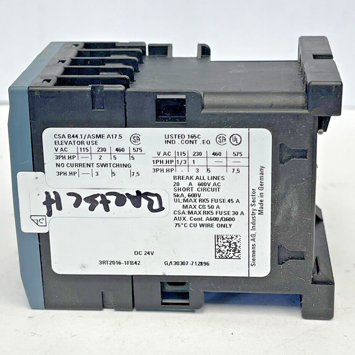 SIEMENS - 3RT2016-1FB42 -AUXILIARY CONTACT-AC-3e/AC-3,9 A,4 kW/400 V, 3-p, 24VDC