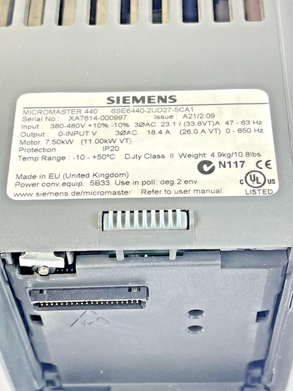 SIEMENS - 6SE6440-2UD27-5CA1 - MICROMASTER 440 DRIVE - 10HP/19A/480VAC/3PH/63Hz