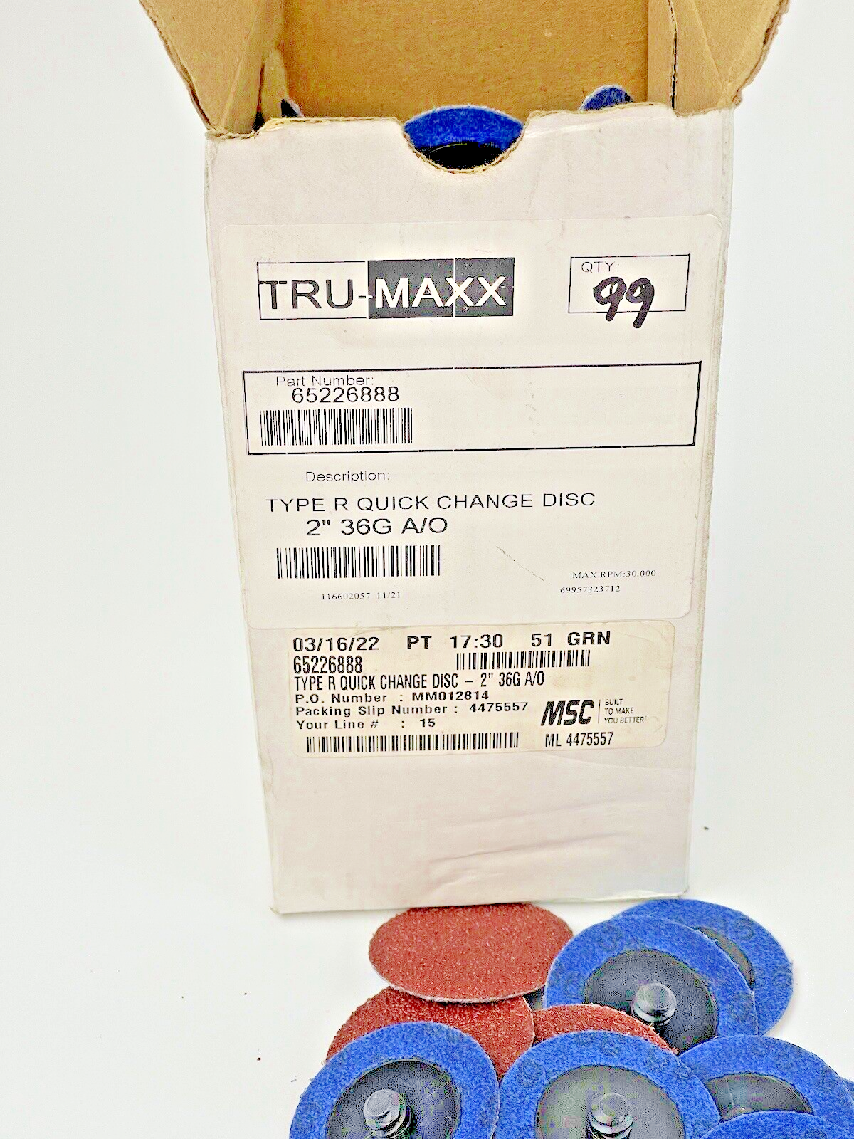 TRU-MAXX *BOX OFF 99* 65226888- TYPE R -Quick Change Disc: 2″,36 Grit,A/O,Coated