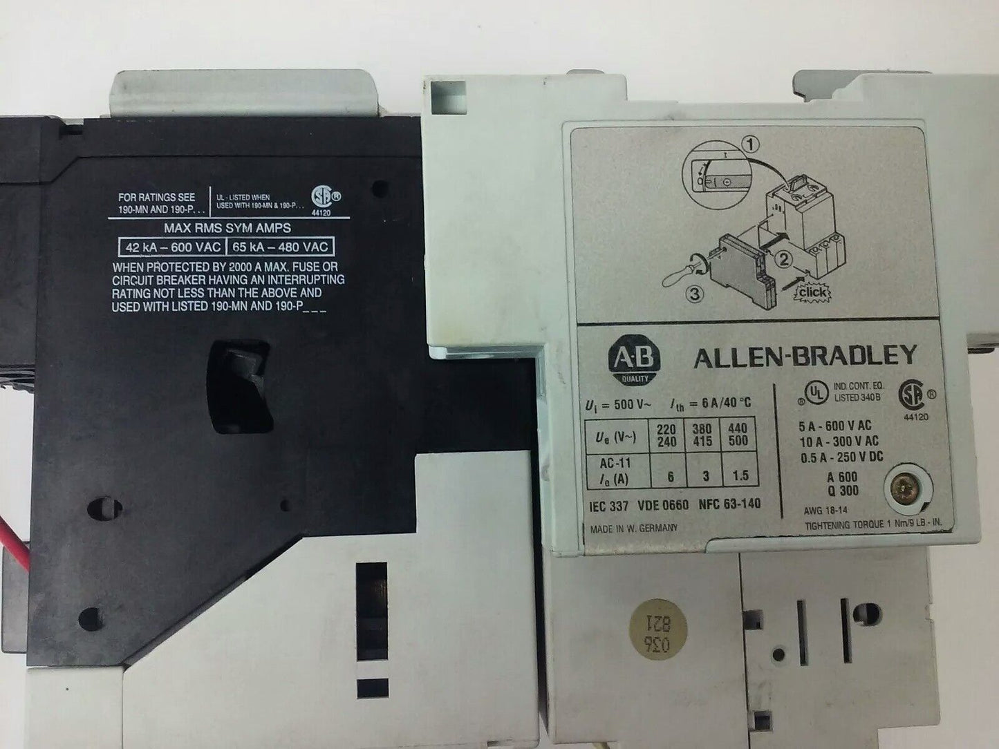 ALLEN-BRADLEY STARTER 190-MN, 190-P010, 190-A40, 190-A11, 199-FSMA1, 120V COIL