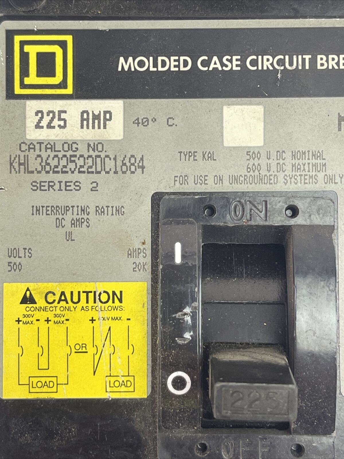 SQUARE D KHL3622522DC1684 MOLDED CASE CIRCUIT BREAKER 225AMP 600VDC 3POLE SER 2