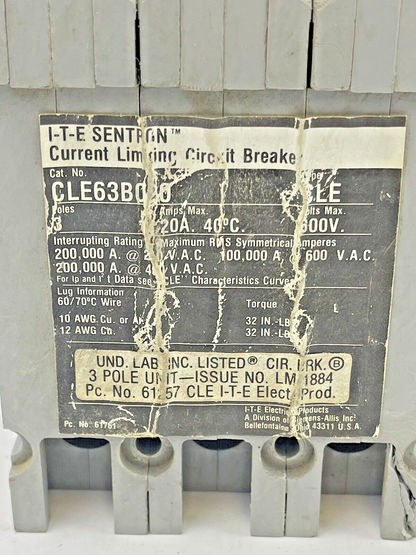 SIEMENS - CLE63B020 - CIRCUIT BREAKER - 20A, 600 VAC, 3 POLE - TYPE CLE