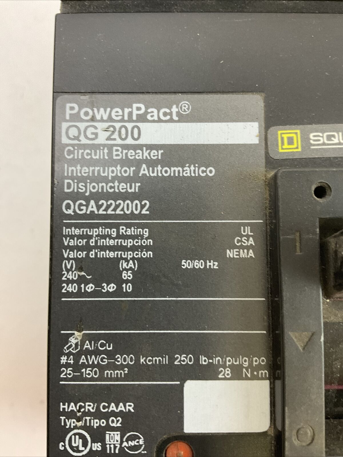 SQUARE D QGA222002 POWEPACT QG200 CIRCUIT BREAKER 200AMP 2POLE 240VAC