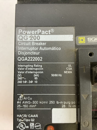 SQUARE D QGA222002 POWEPACT QG200 CIRCUIT BREAKER 200AMP 2POLE 240VAC