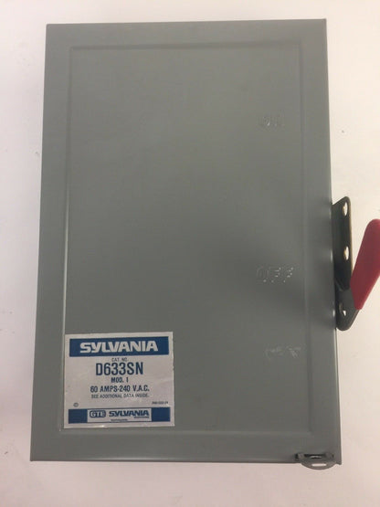 SYLVANIA D633SN FUSIBLE SAFETY SWITCH 60A 240VAC 3 POLE NEMA 1 SURFACE ENCLOSURE