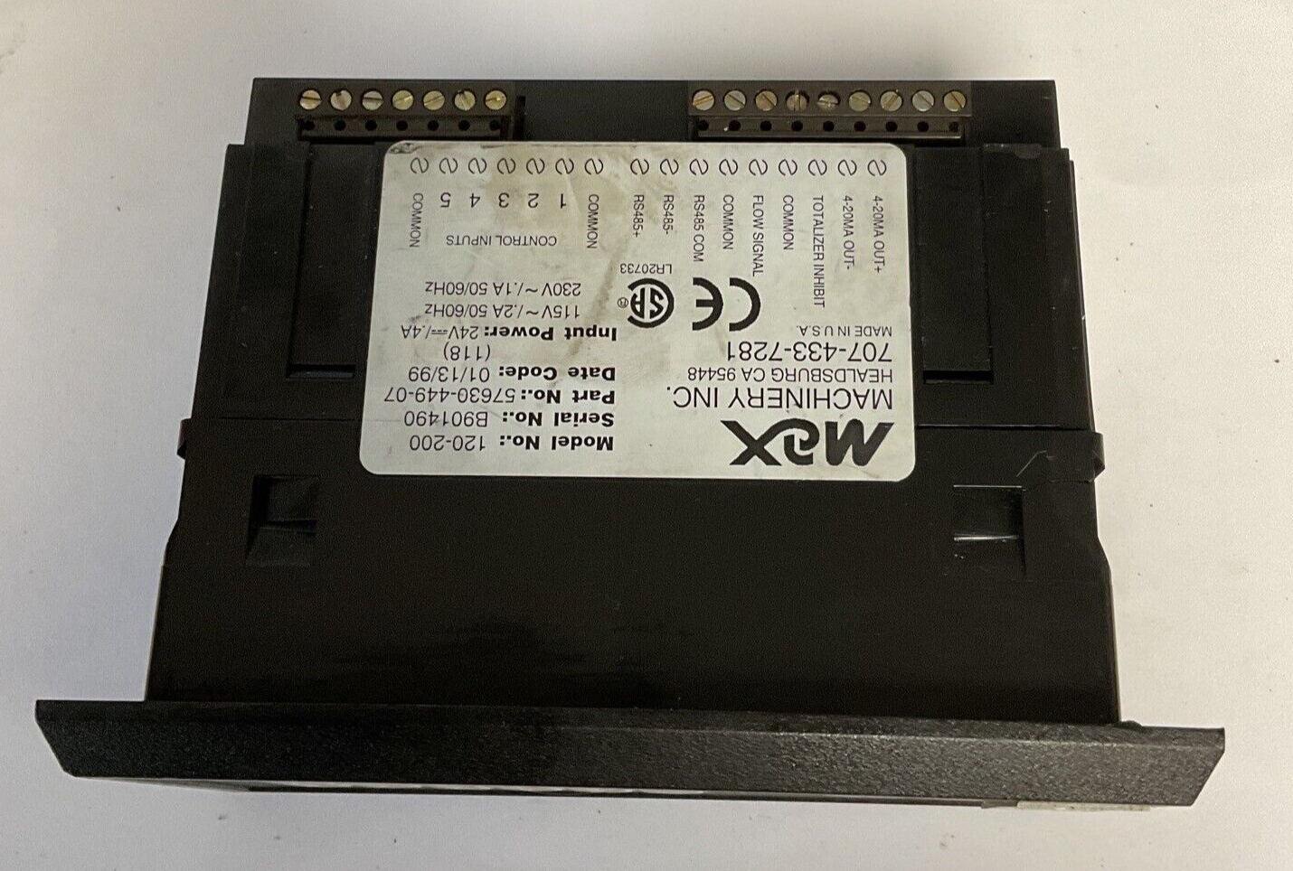 MAX MACHINERY INC 120-200 FLOW INDICATOR CONTROLLER  24VDC 130VAC .4A 50/60HZ