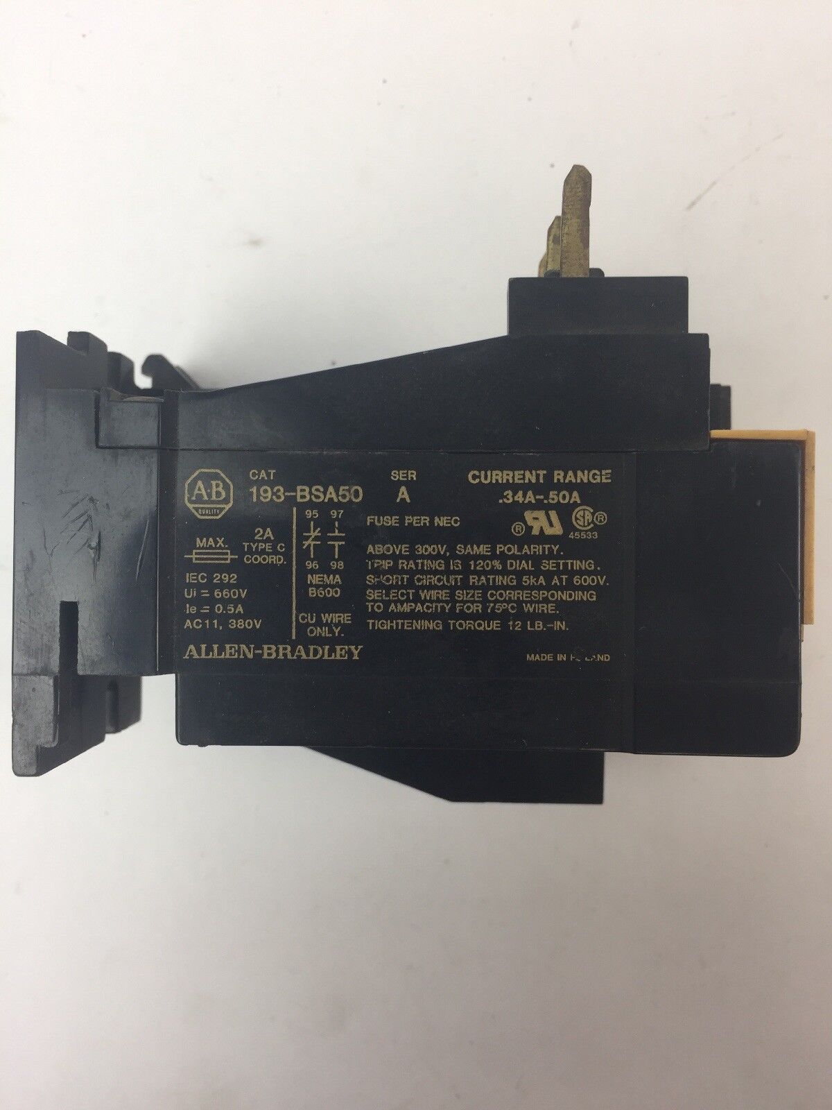 ALLEN BRADLEY 193-BSA50 OVERLOAD RELAY SER A 0.34-0.50A