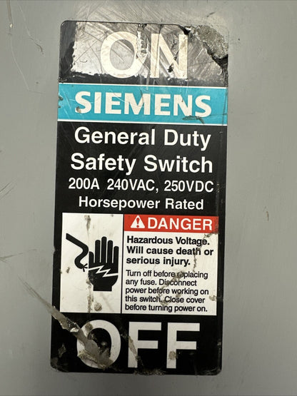 SIEMENS GNF324R TYPE VB II 200A 240VAC 3PH 60HP 240VDC 40HP TYPE 3R NON-FUSIBLE