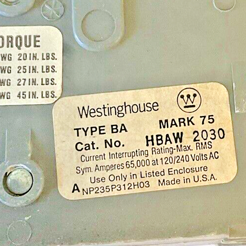WESTINGHOUSE HBAW 2030 CIRCUIT BREAKER 30A 2POLE 120/240VAC TYPE BA