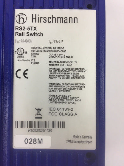 HIRSCHMANN RS2-5TX ETHERNET RAIL SWITCH 5 PORT 9.6-32VDC