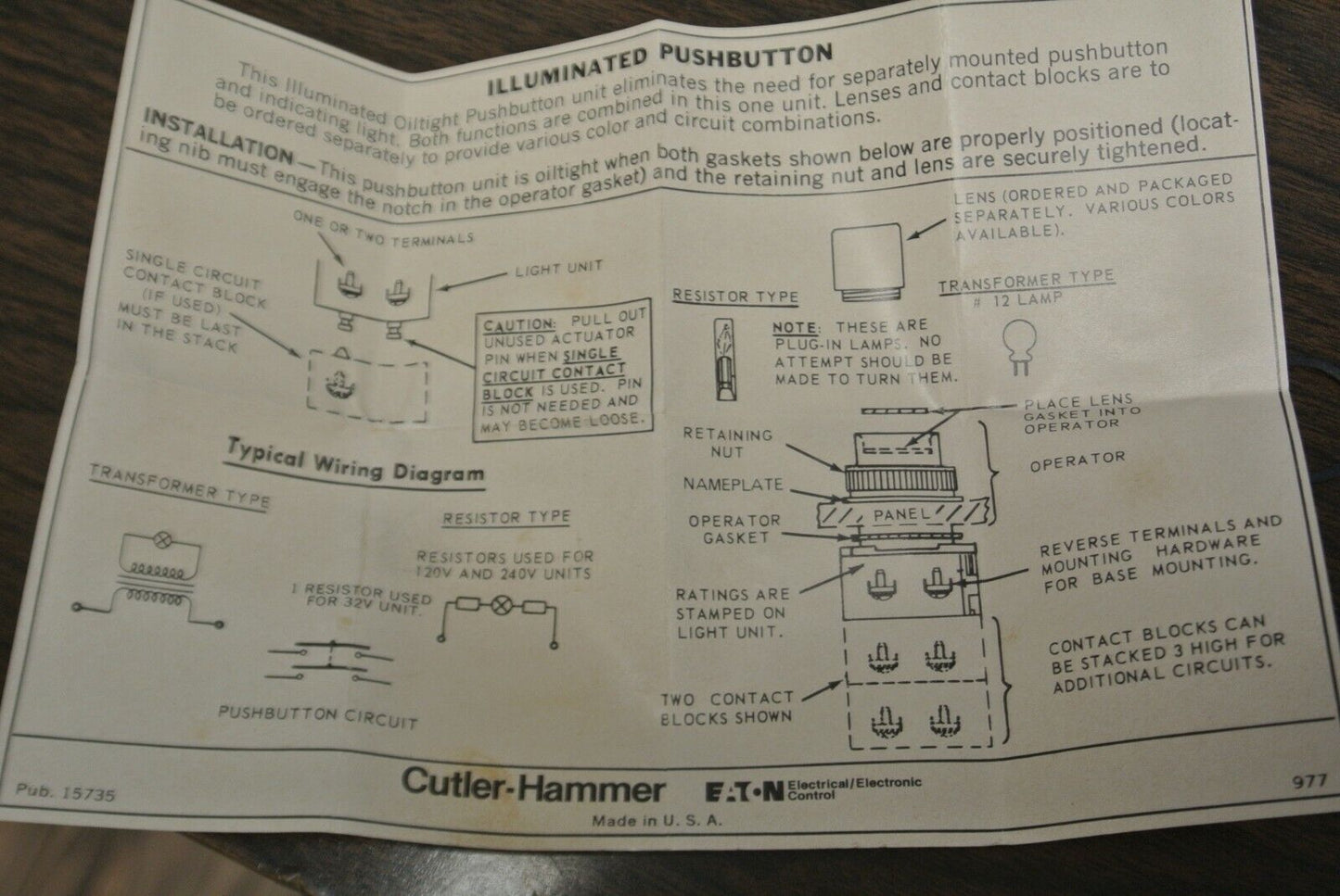 CUTLER-HAMMER ILLUMINATED PUSHBUTTON / 24V, 6.3V LAMP / NEW SURPLUS / NO LENS