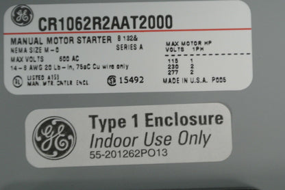 GENERAL ELECTRIC CR1062R2AAT2000 MANUAL MOTOR STARTER, 2-POLE / NEW SURPLUS
