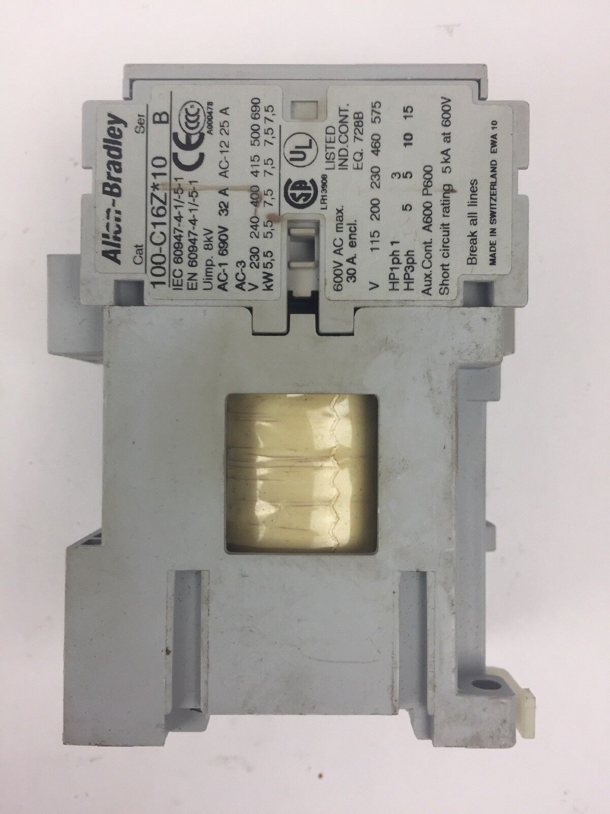 ALLEN BRADLEY 100-C16Z*10 CONTACTOR SER B 600VAC 30A COIL 24VDC