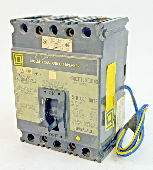 SQUARE D - FAL360151212 - CIRCUIT BREAKER W/ AUX SWITCH - 3 POLE/ 15 A/ 600 VAC