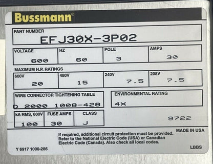 BUSSMANN EFJ30X-3P02 FUSIBLE DISCONNECT SWITCH 600V 60HZ 3P 30A 20HP TYPE 4,4X