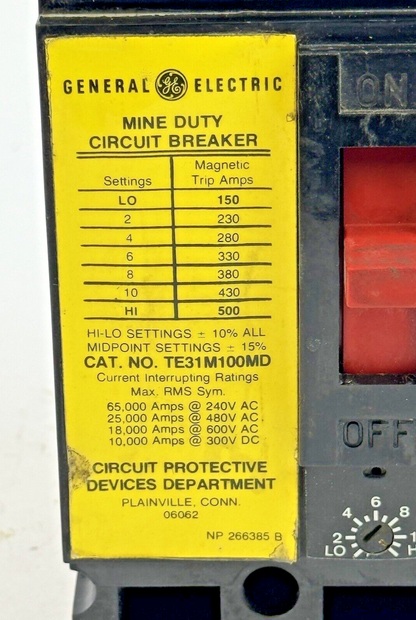 GE - TE31M100MD - MINE DUTY CIRCUIT BREAKER W/ MANUAL RESET UNDERVOLTAGE RELEASE