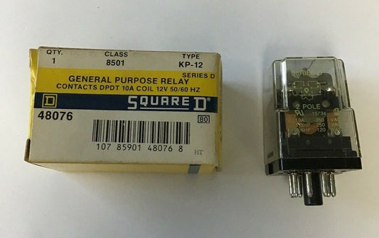 SQUARE D 8501 KP-12 GENERAL PURPOSE RELAY CONTACTS DPDT 10A COIL 12V 50/60HZ