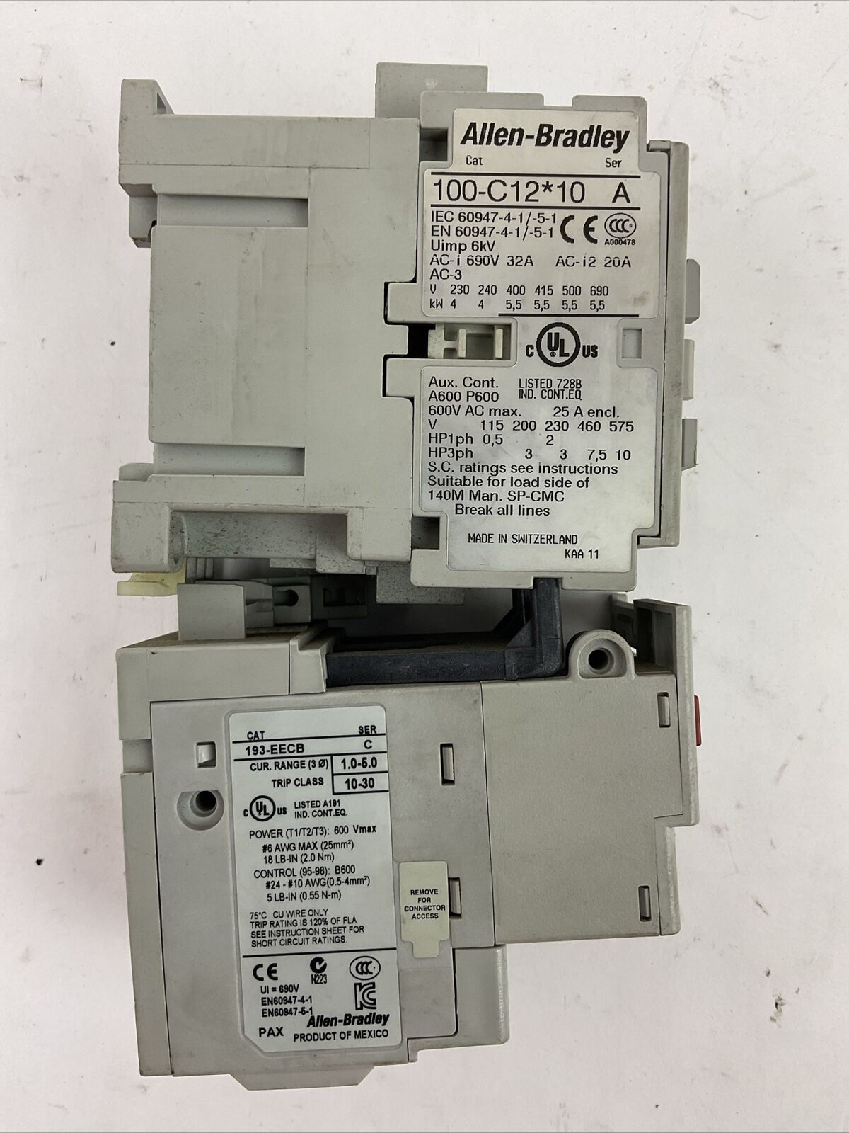 ALLEN BRADLEY STARTER (100-C12*10 SER A COIL 120V + 193-EECB SER C 1.0-5.0A)