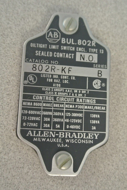 ALLEN-BRADLEY 802R-KF / OILTIGHT LIMIT SWITCH, SIDE PUSH ROLLER / NEW SURPLUS