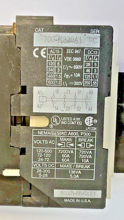 ALLEN-BRADLEY 700-F220A1 SER. C CONTROL RELAY / 196-FTB SER.B TIMER
